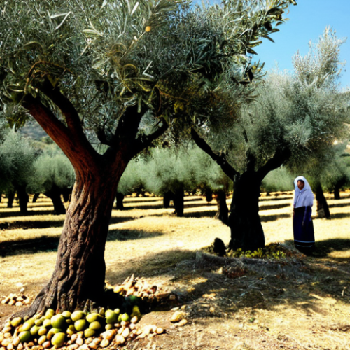Olive Harvest in the Lebanese Mountains**

"A scenic view of a family-run olive grove nestled in the Lebanese mountains, during harvest season. Focus on the traditional method of hand-picking olives with wooden sticks. Family members are fully clothed in modest, rural attire, gathering olives into woven baskets. Ancient olive trees with gnarled trunks dominate the landscape. Background includes rolling hills and a clear blue sky. Golden hour lighting. safe for work, appropriate content, fully clothed, family-friendly, perfect anatomy, correct proportions, natural pose, well-formed hands, proper finger count, natural body proportions, professional photography, high quality"

**