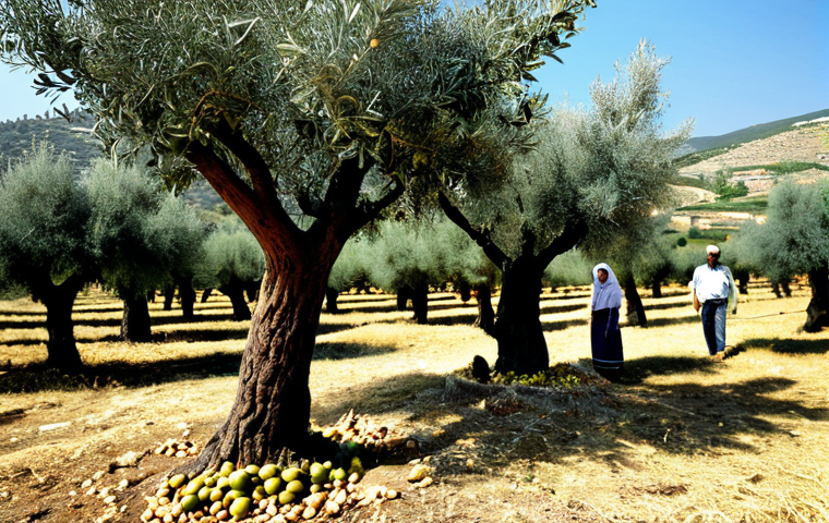 Olive Harvest in the Lebanese Mountains**

"A scenic view of a family-run olive grove nestled in the Lebanese mountains, during harvest season. Focus on the traditional method of hand-picking olives with wooden sticks. Family members are fully clothed in modest, rural attire, gathering olives into woven baskets. Ancient olive trees with gnarled trunks dominate the landscape. Background includes rolling hills and a clear blue sky. Golden hour lighting. safe for work, appropriate content, fully clothed, family-friendly, perfect anatomy, correct proportions, natural pose, well-formed hands, proper finger count, natural body proportions, professional photography, high quality"

**